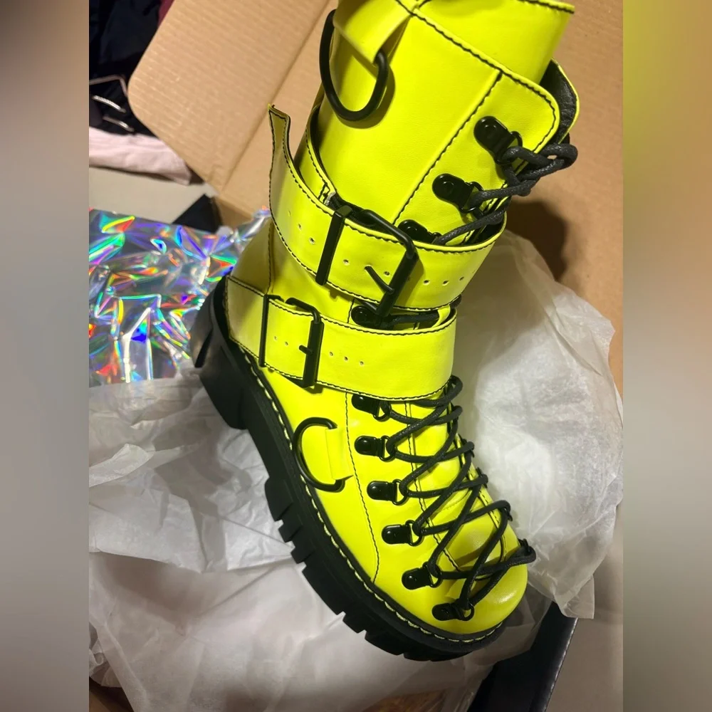 Club Exx Neon Yellow/Green Low Traitor Combat Boots D-Ring Lace Up – NIB - Picture 8 of 9